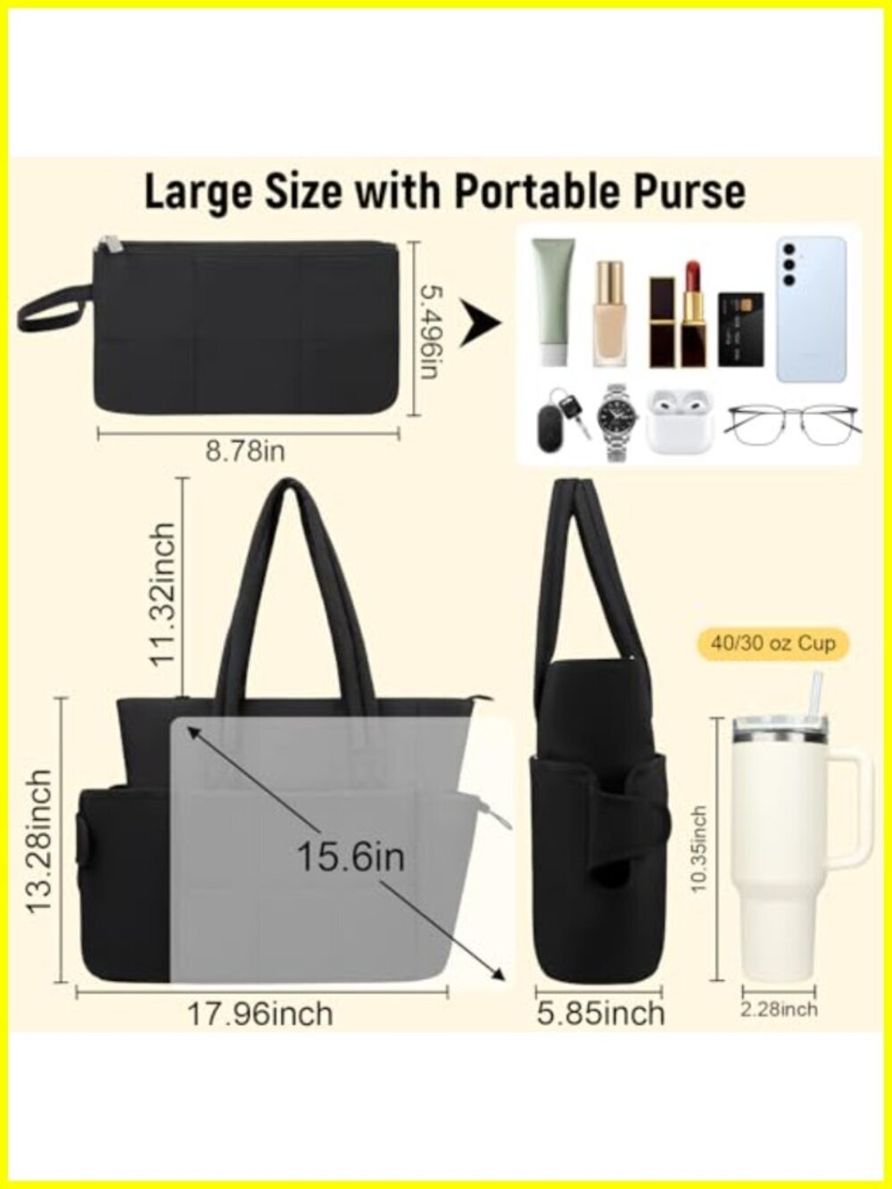 Puffer Tote Bag with Laptop Compartment & Cup Holder for Women - Picture 5 of 5